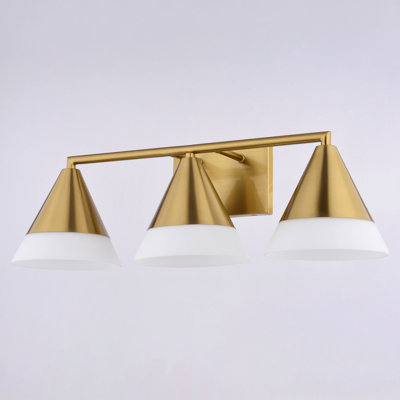 Winthrop 3-Light 25.25 In. Wide Modern Contemporary Bathroom Vanity Lighting Fixture, Etched White Cone Glass Shade, Dimmable, LED Compatible, Over The Mirror Mounted Metal Wall Sconce