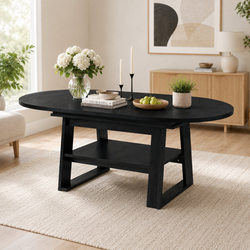 Table de salle à manger extensible UNAROZ, ronde à ovale, avec rallonge rabattable et piètement en forme de H, Noir