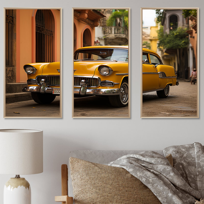 «Yellow Cuban Car Heritage - Cuba», ensemble d'art sur toile, Cadre naturel flottant, H 40 po x l 60 po x P 1 po