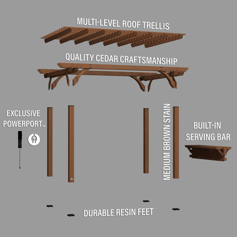 Backyard Discovery Ashland 14' x 10' Cedar Wood Outdoor Patio Pergola Kit with Trellis Roof and Built-In Bar Top
