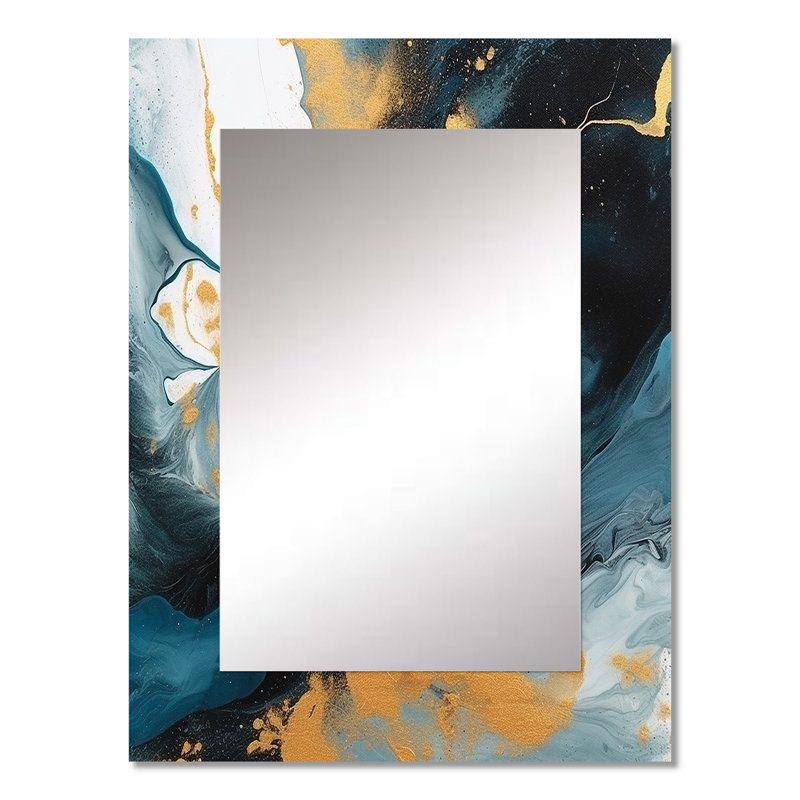 Mylor, décor de miroir mural bleu foncé et or à motif de fractales, grand miroir bleu, art en métal imprimé, 32 po x 24 po
