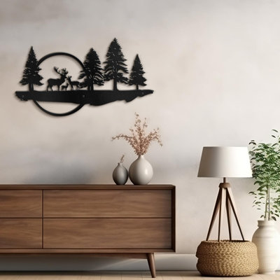 Circular Forest and Stag Decor Modern Abstract Wall Accent Sculpture Hanging Decoration Metal Wall Decor