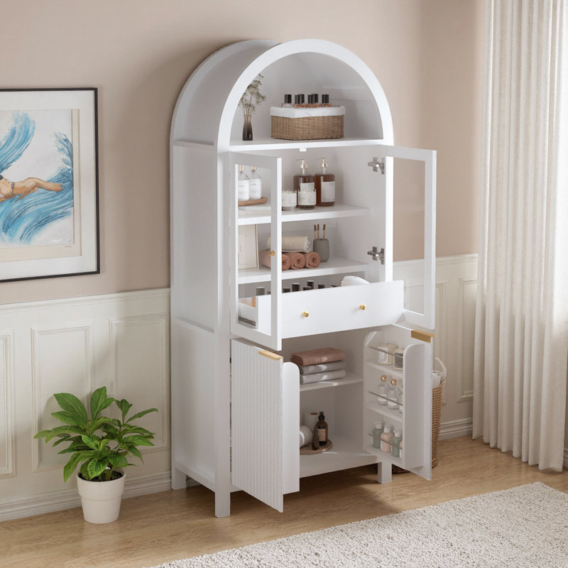 71" Fluted Tall Arched Pantry Cabinet With Adjustable Shelves, Elegant Display Storage With Hidden Drawer & Glass Door For Kitchen, Living Room, Dining Room, White