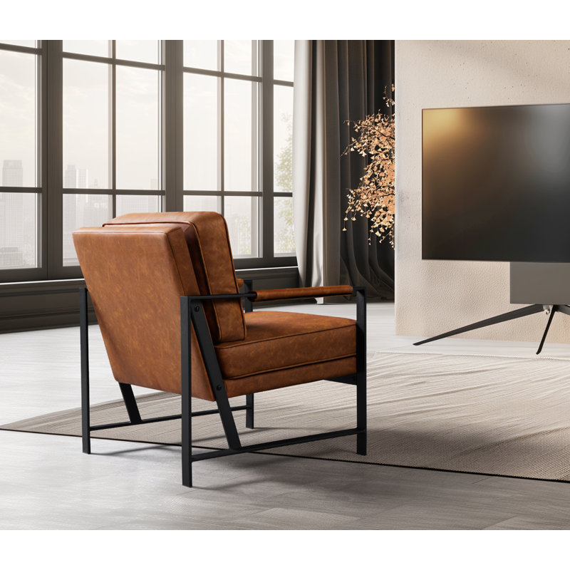 25.5" W Upholstered Armchair with Removable Seat & Back Cushion, Light Brown Faux Leather