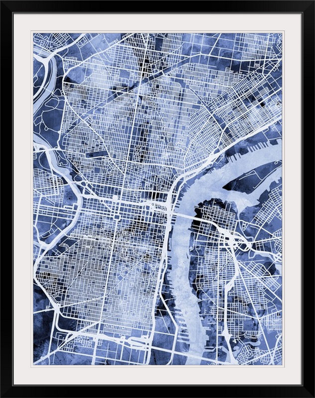 «Philadelphia Pennsylvania City Street Map» par Bellen, impression, Cadre noir, H 24 po x l 20 po x P 1 po