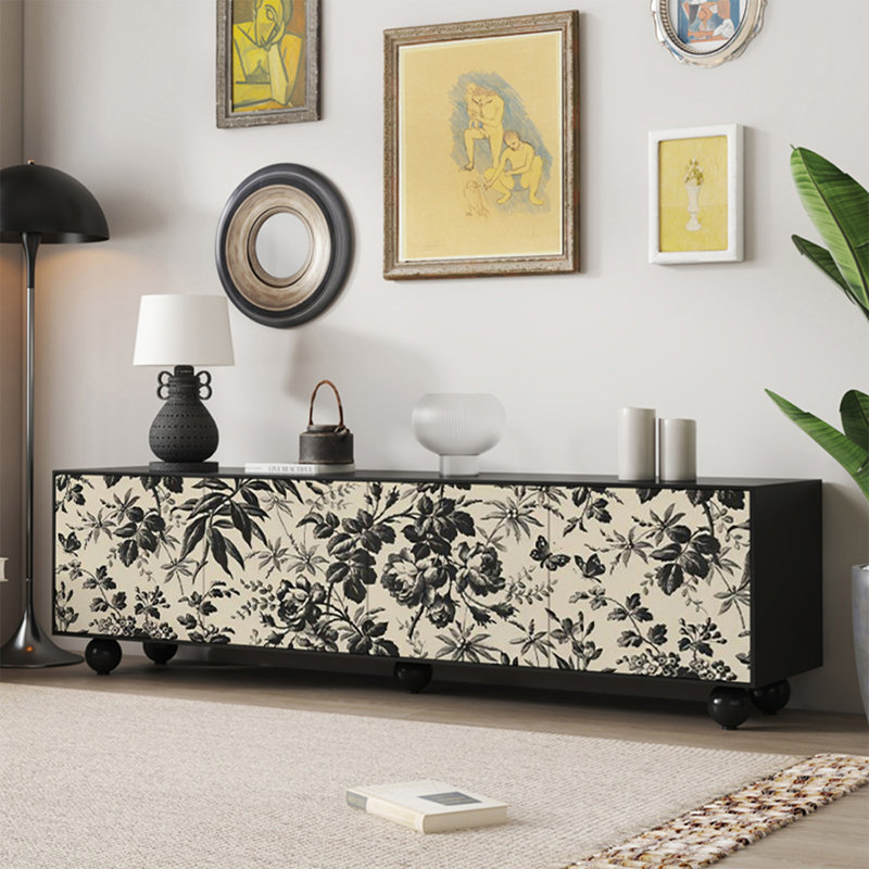 Meuble télé moderne en bois massif noir, 19.69"H x 86.61"L x 15.75"W