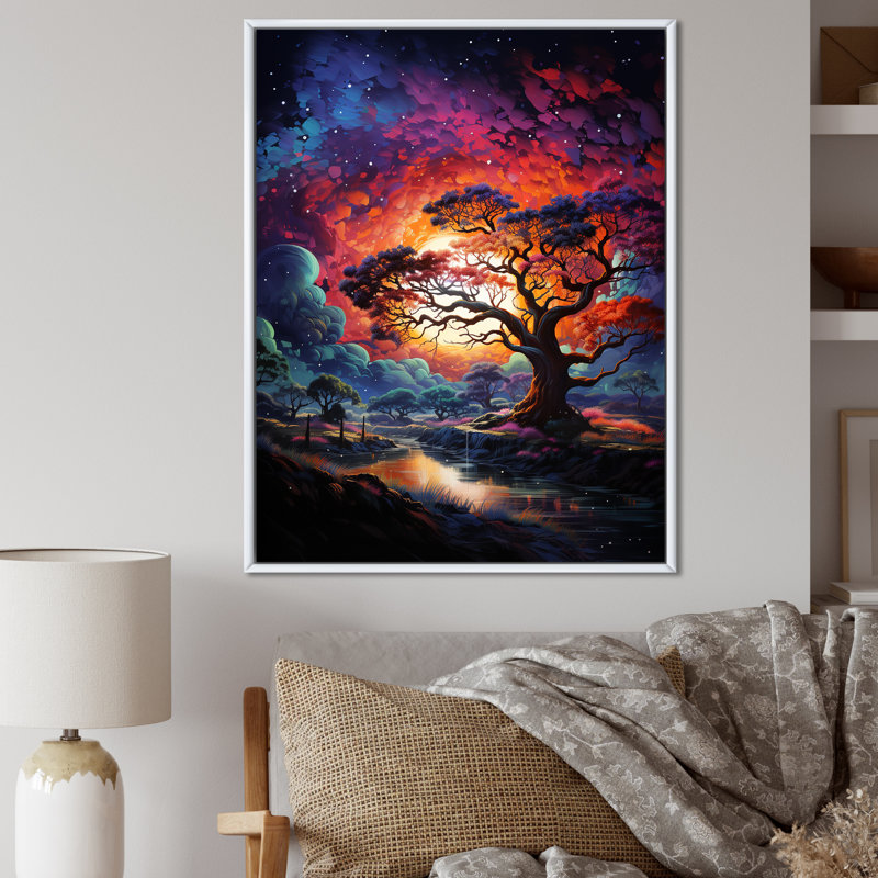 Baobab africain, teintes cosmiques - Art mural sur toile, arbre baobab, H 20 po x l 12 po, Cadre flottant blanc