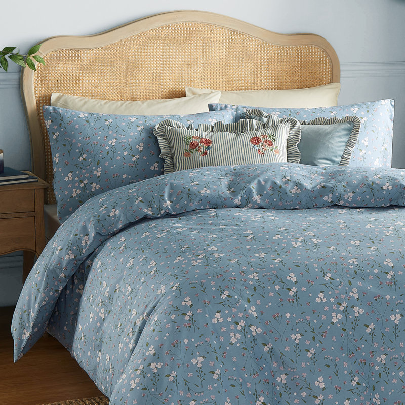 Bronte Cotton Floral Duvet Cover Set with Pillowcases Included, Blue, Double Duvet Cover + 2 Standard Pillowcases