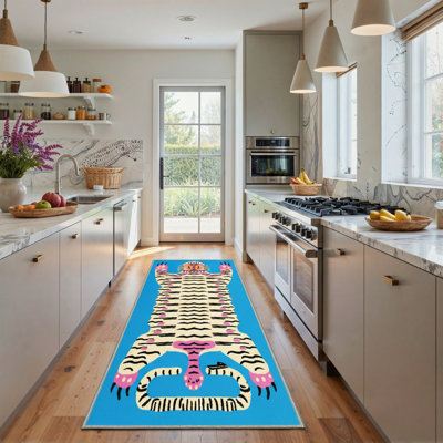 Kai Tiger Animal Print Machine Washable Blue / Pink / Beige Indoor Area Rug with Non-Slip Backing