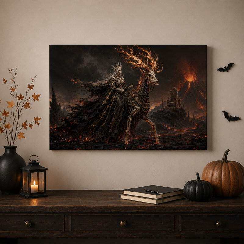 Cavalier squelettique sur cerf enflammé dans une toile murale d'Halloween volcanique sombre, 36"H x 48"W