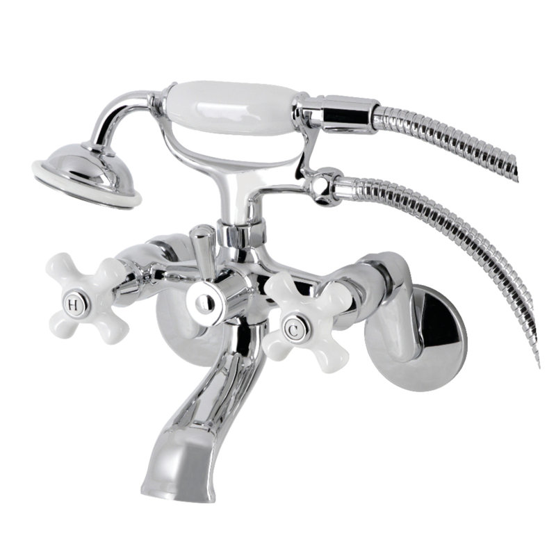 Kingston Brass Kingston Three-Handle 2-Hole Wall Mount Clawfoot Tub Faucet with Hand Shower, Polished Chrome