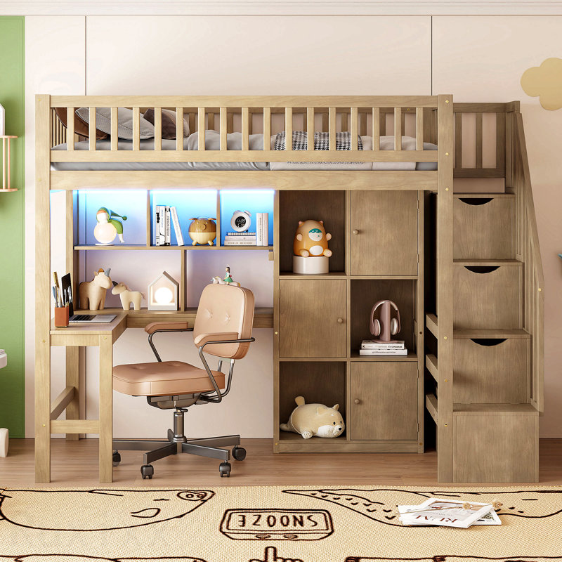 Lit mezzanine simple en bois avec bureau intégré, DEL, tablettes de rangement, armoires et escalier, noyer, Noyer
