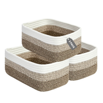 Soft Cotton Rope Woven Storage Baskets Set - 3 Pack Rectangular Shelf Bins 11.8 x 7.5 x 4.7 in - No Handles, Closet Bathroom Nursery Toy Makeup Shelves & Tabletop Organizer