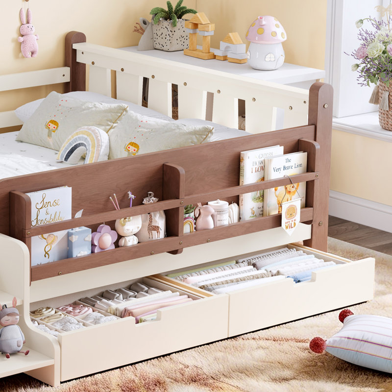 Lit pour enfants Montessori avec bibliothèques, tiroirs et escaliers mignons, Lit double, Beige