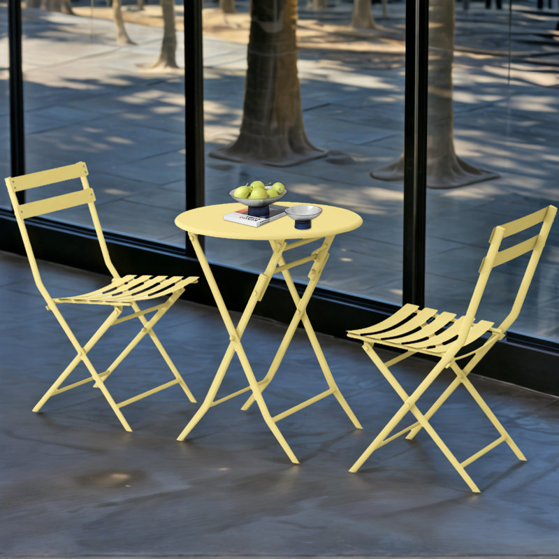 Iron Table And Folding Chair Set,2 - Person Round Outdoor Dining Set, Yellow