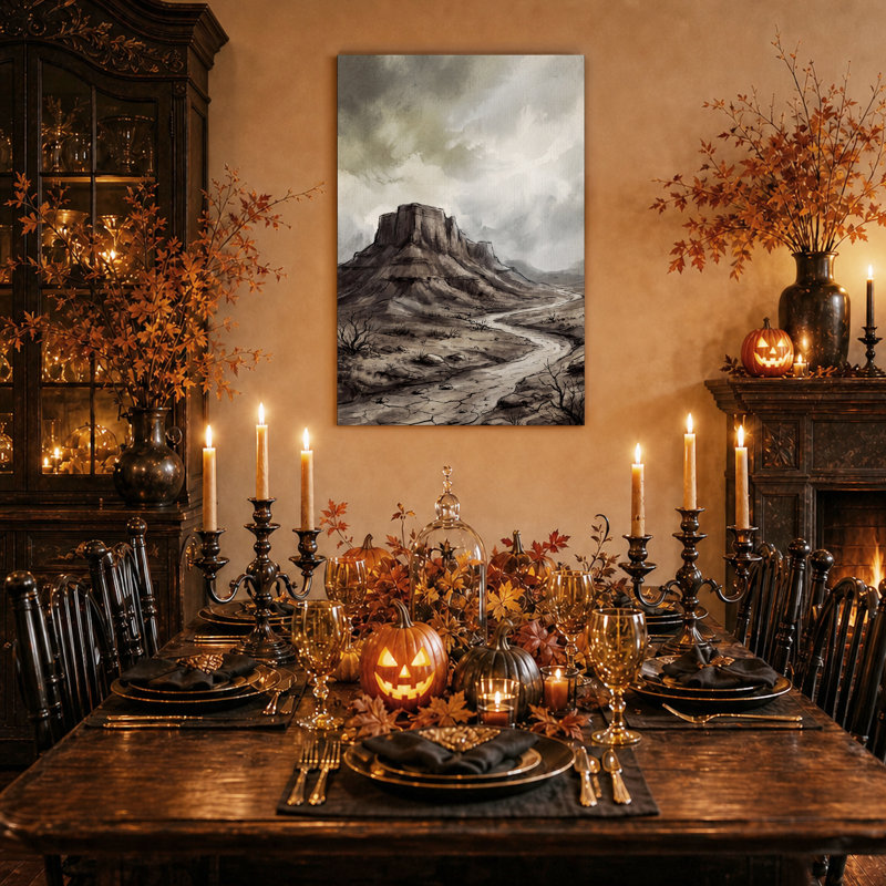 Paysage Sepia Mesa avec ciel nuageux - Toile murale d'Halloween, 48"H x 32"W