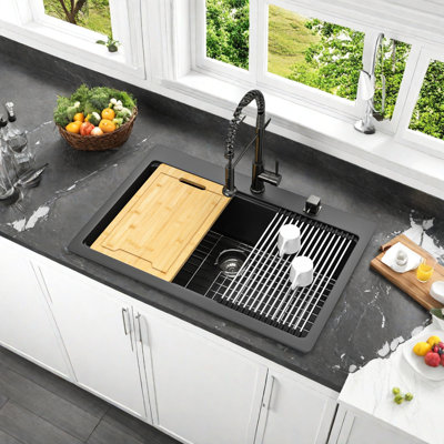 Évier de comptoir en quartz noir 33 po x 22 po - Insonorisant, fond antidérapant, robuste