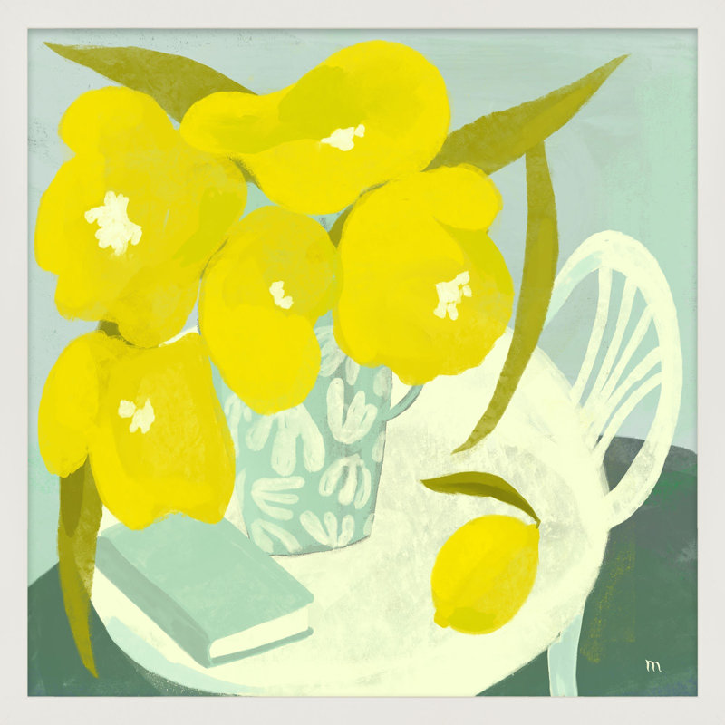 Yellow Flowers And Lemon Painting by StudioM, Black Framed, 36" H x 36" W x 1.25" D