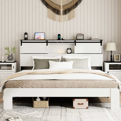 White Metal King Size Bed, Charging Station, Storage Headboard, Stable Support, Optimal Structure, No Box Spring Needed
