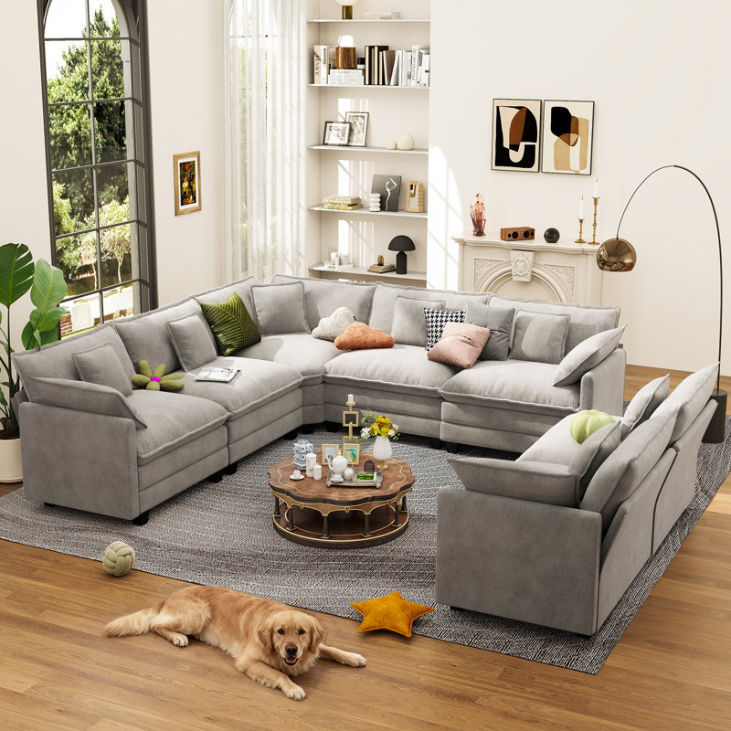 George 111.5" Modern 7 Seat Chenille L Shaped Modular Sectional Sofa With Two Ottomans, Gray Chenille