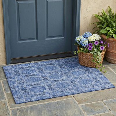 Tapis intérieur lavable antidérapant à motif médaillon floral bleu et gris 2 pi x 3 pi