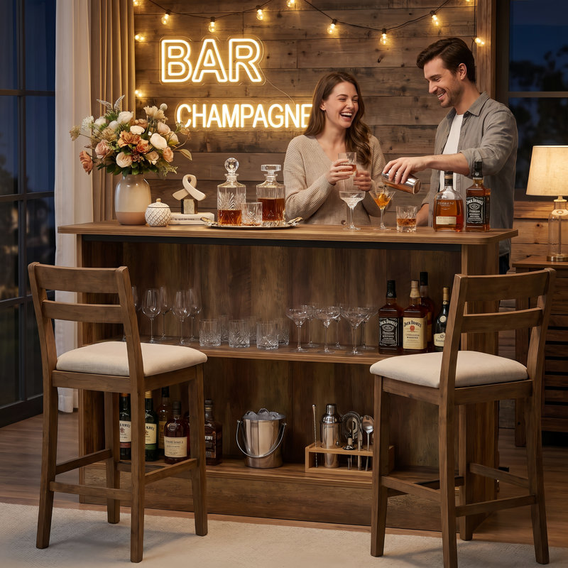 63-Inch Home Bar Unit Wine Bar Table With 2-Tier Storage Shelves And Footrest For Home Pub, Brown