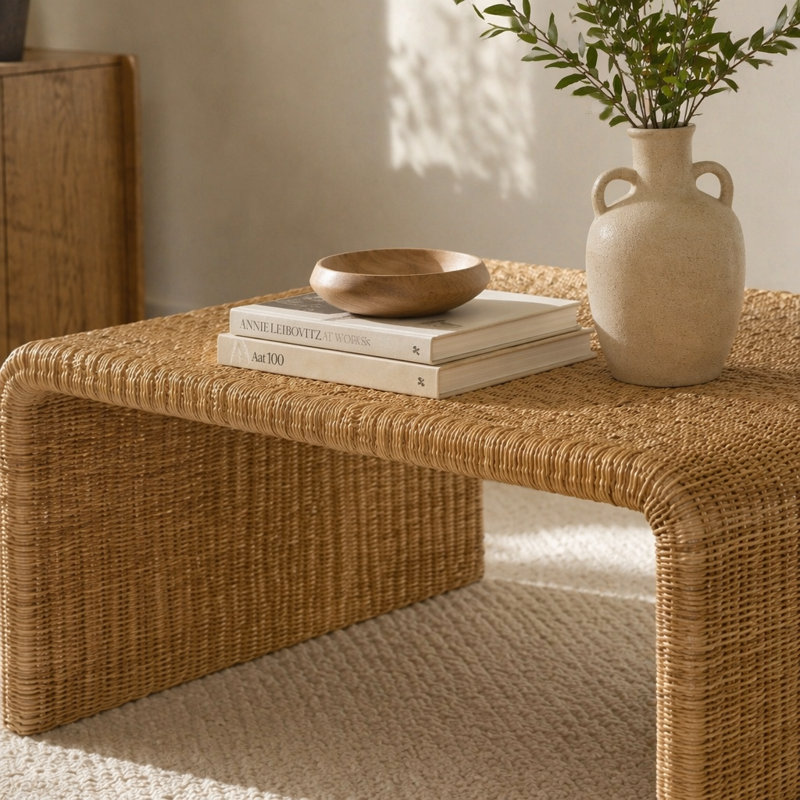 Table basse carrée en rotin tissé, naturel, 18" H x 36" W x 36" D