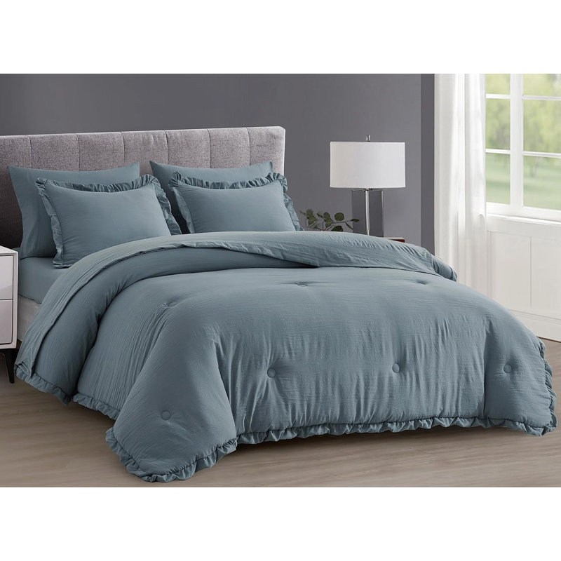 Ruffled Edge Microfiber Bed in a Bag Comforter Set, Oversized King Comforter + 6 Additional Pieces, Dusty Blue