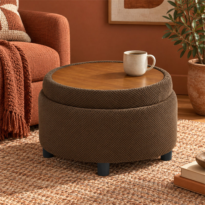 Round Storage Ottoman with Tray Lid, 63.5 x 38cm, Coffee