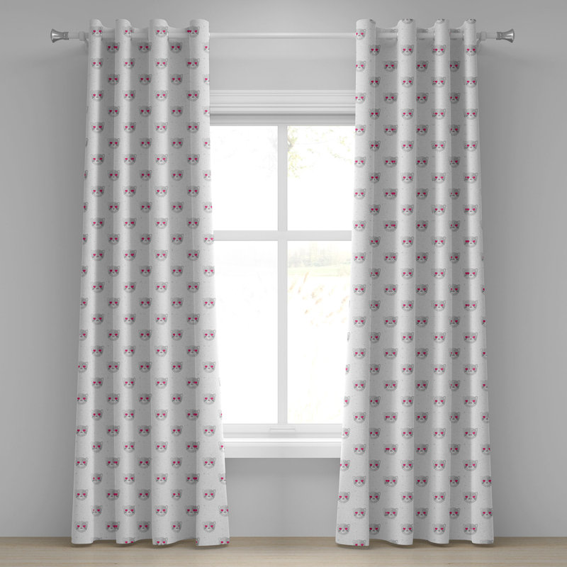 Rideau à oeillets 2 panneaux East Urban Home Cat, gris pâle, rose et blanc, L 50 po x L 108 po