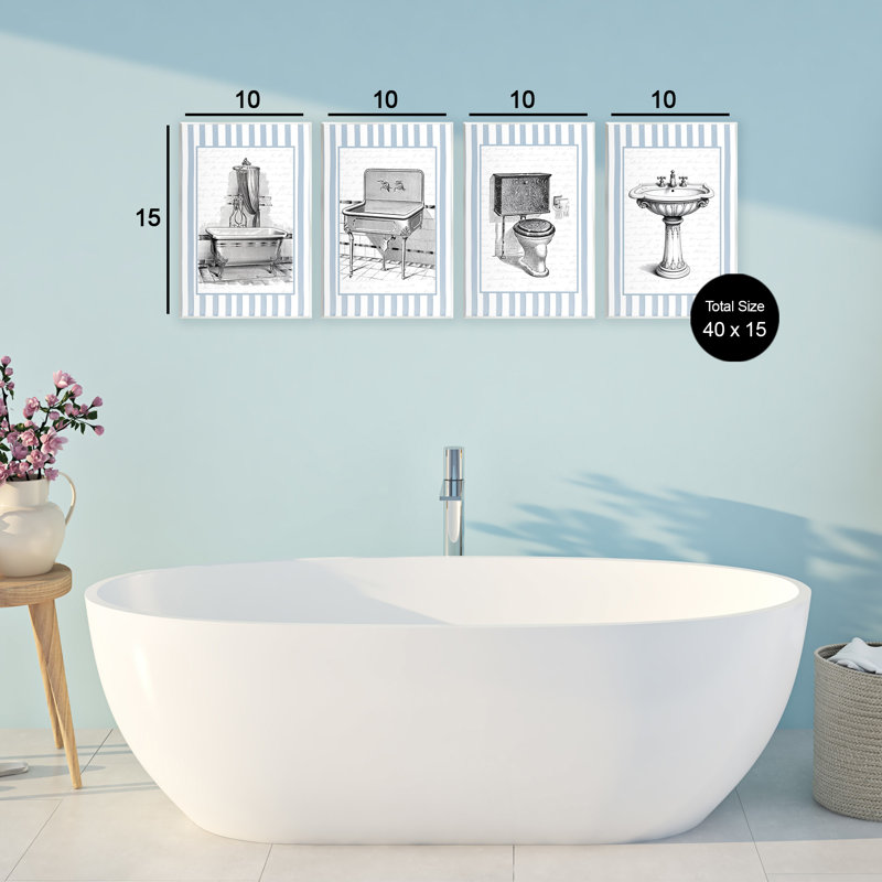 Ensemble de 4 plaques murales antiques à rayures bleues pour salle de bain, design par lettré et doublé, H 15 po x l 10 po