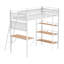 Lit mezzanine simple blanc mat, 3 tablettes de rangement, poste de travail intégré, système de lattes en métal, lit de taille verticale, tablettes ouvertes, métal blanc, panneaux en filet