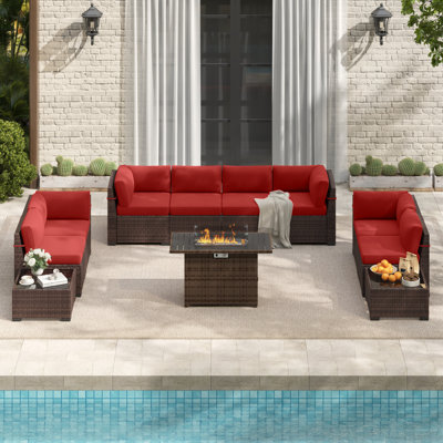 8 Person Outdoor Rattan Modular Sectional Seating Group with Firepit Table