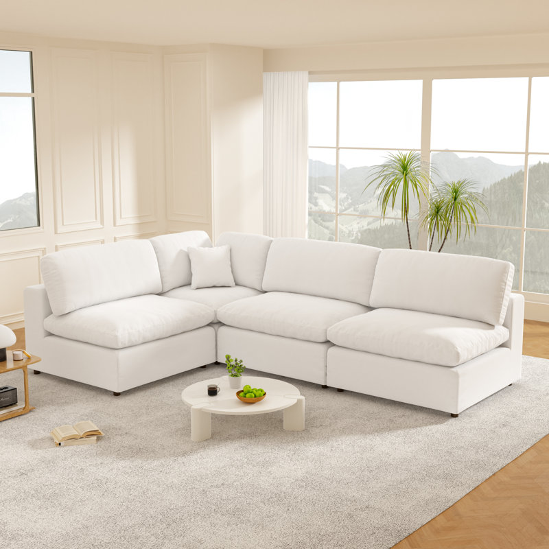 Canapé modulaire rembourré 4 pièces Jossa, Mélange de lin blanc