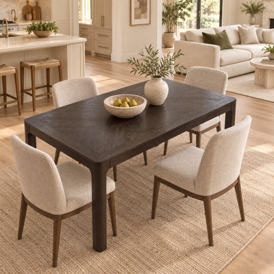 Table de salle à manger rectangulaire de 60 pouces avec dessus en placage de chêne de style parquet, coins arrondis et pieds en bois d'hévéa
