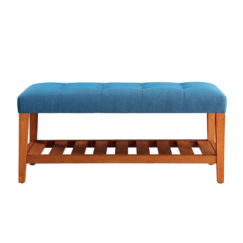 Blue And Oak Fabric Bench With Open Shelf Tapered Legs, Kd, No Arms Or Back, Padded Seat, 40"L X 16"W 18"H, 24 Lb Upholstered Bench, Armless Backless, Cushion,