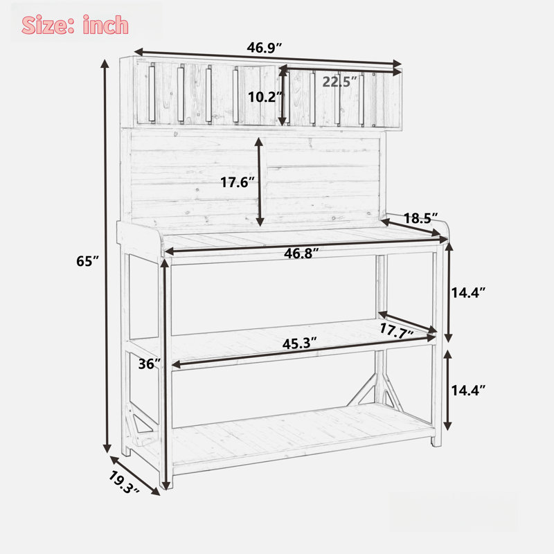 Grande table de rempotage en bois avec 4 tablettes de rangement et crochets latéraux