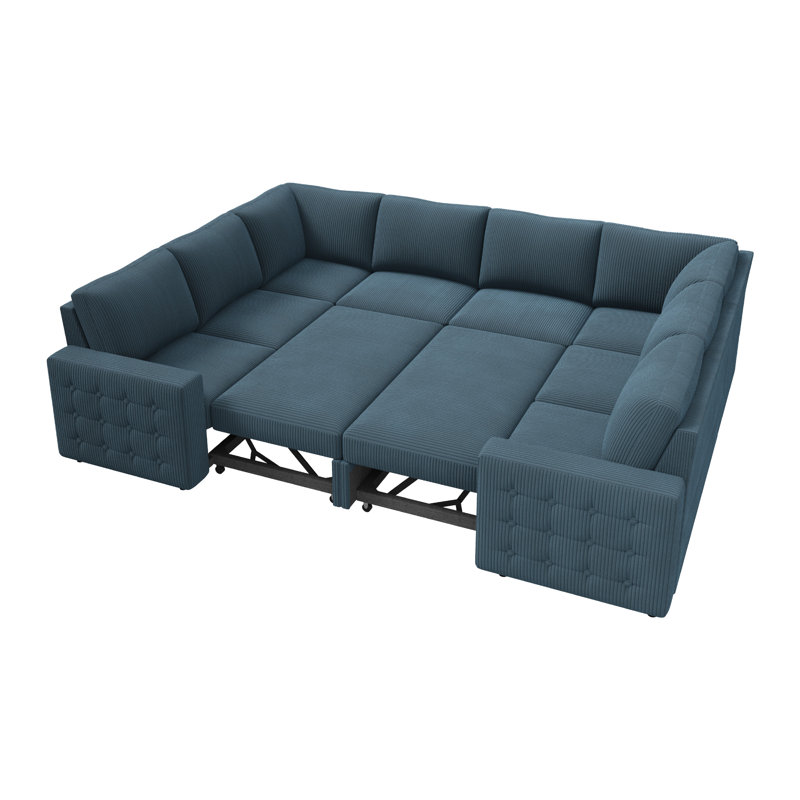 Rundey U-shaped Sleeper Sectional Corduroy Sofa Bed With Storage Space, Blue Corduroy 