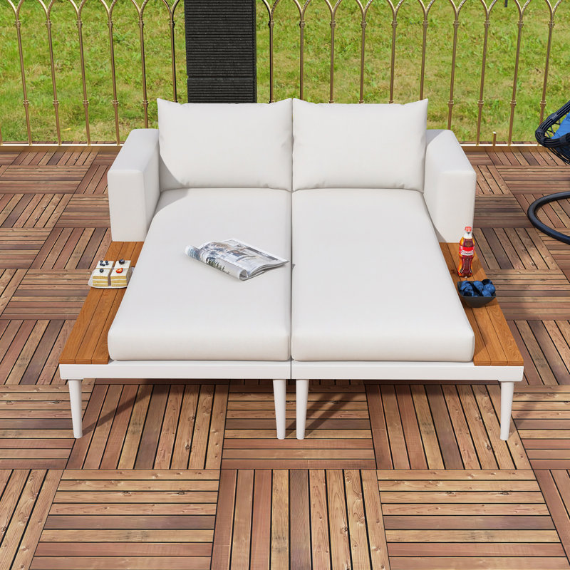 Lit de jour d'extérieur moderne en métal avec espaces en bois, Beige, Blanc