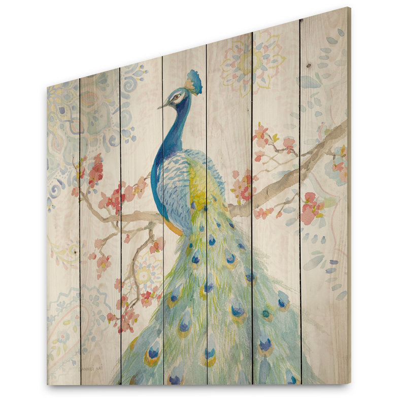 Peacocks Watercolor II - peinture sur bois sans cadre, H 16 po x l 16 po x P 1 po