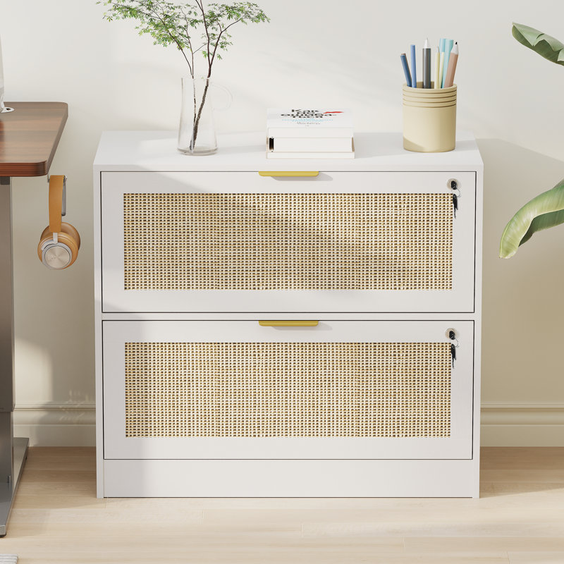 31.1"W Rattan File Cabinet With 2 Drawer & Lock, White