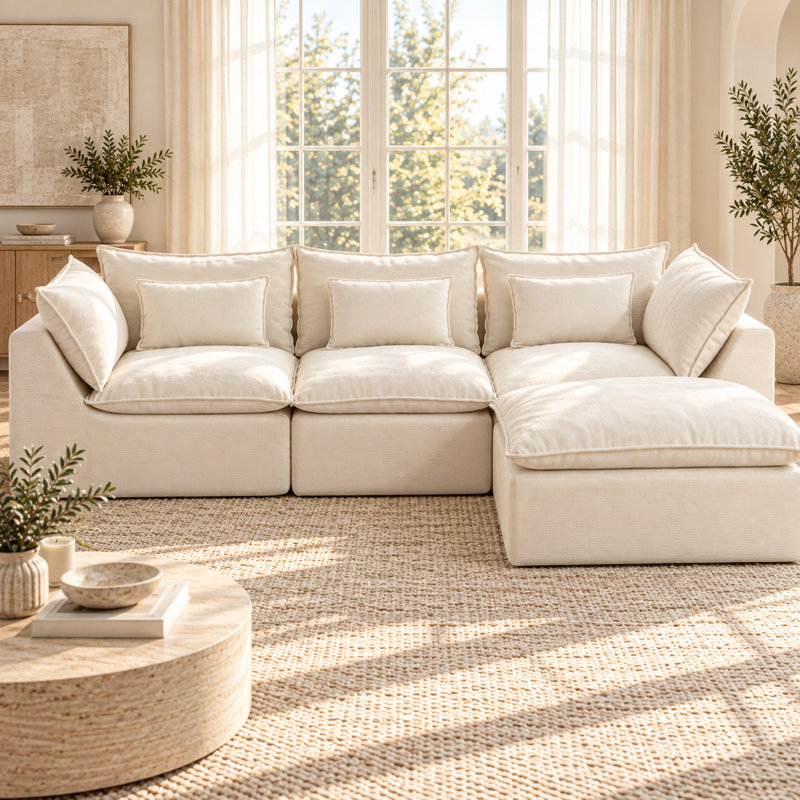 Canapé d'angle modulaire Cloud 102,3 po (260 cm) de large avec coussins à mémoire de forme, revêtement en lin et coton respirant, 3 places avec pouf.