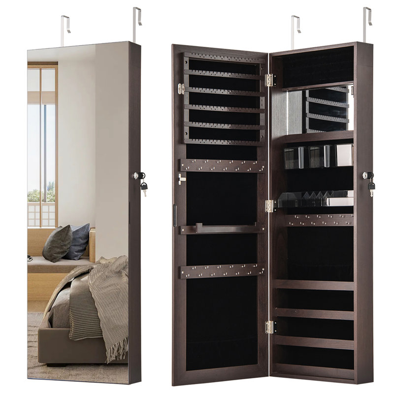  Armoire à bijoux 43,5 po avec miroir pleine grandeur et miroir de maquillage intérieur, Brun
