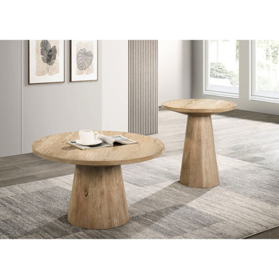 Table basse ronde de style contemporain avec aspect chêne, piédestal conique, bois d'hévéa et bois d'ingénierie, profondeur de conception de 29 pouces, placage, bois d'hévéa, 29 po de diamètre, 17 po de hauteur, rapide