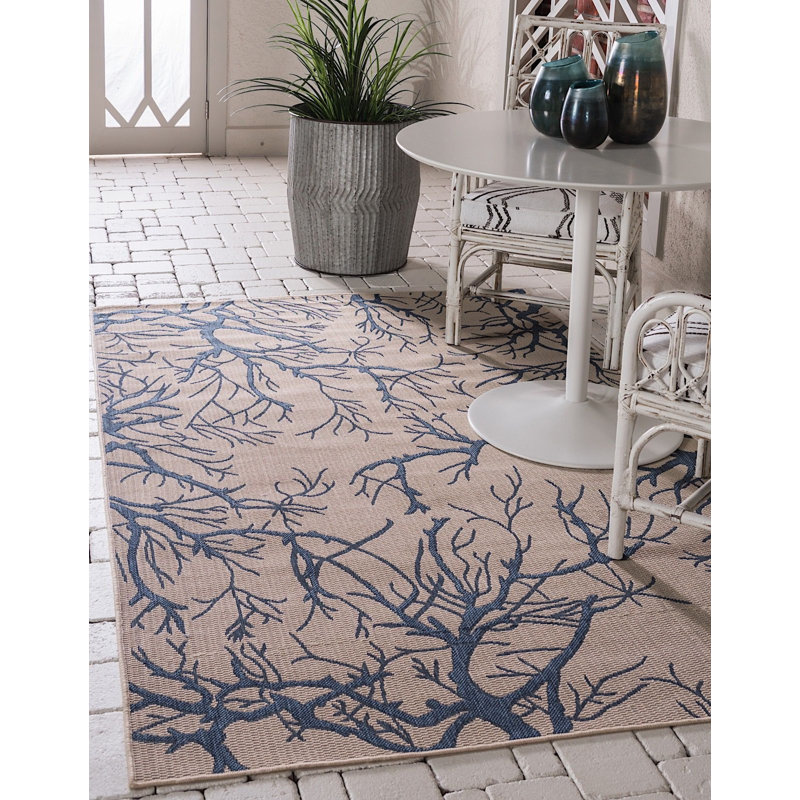 Allon Abstract Beige/Blue Indoor/Outdoor Area Rug, Rectangle 8' x 11'4"