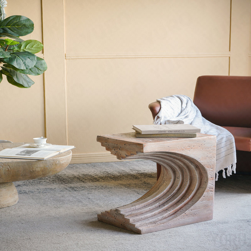 16.3" X 12.2" X 22.6" Modern Sculptural Arched Side Table - Faux Travertine Finish