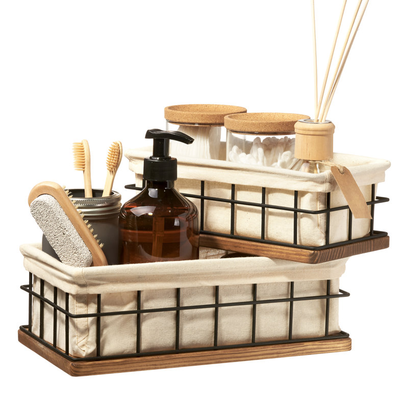 Baobab Workshop Wood and Wire Baskets Set, Bathroom Basket Storage, Walnut