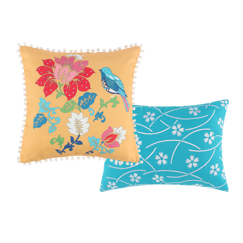 Thalia Embroidered Yellow and Blue Throw Pillow Set with Pom Poms