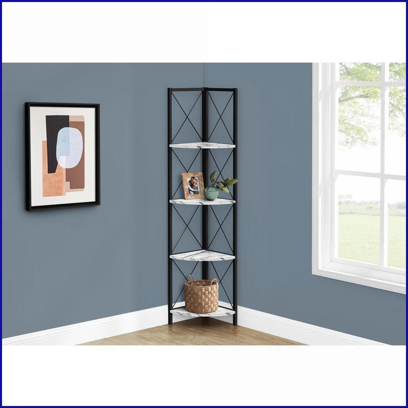Bookshelf, 4 Tier 60”h Corner Etagere | White Marble Look Laminate | Black Metal Modern | White | Metal, White