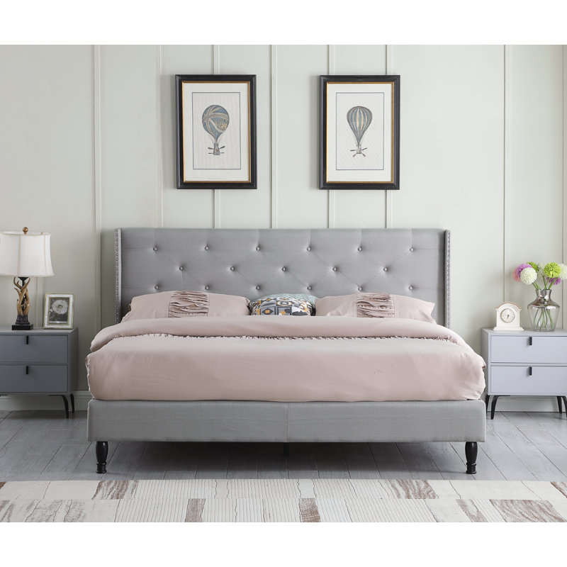 Upholstered Wingback Bed, King, Gray
